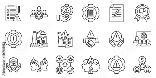 Crisis management outline icon set. Contain assessment, teamwork, awarness, planning, response, disasters, commitment, conflict, emergency, protection, training, strategy, communication, recovery. 