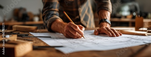 close-up of hands drawing on paper with a pencil, construction blueprints, and carpentry tools in the background Generative AI