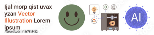 Artificial intelligence, 3D printing, emotional design, technology innovation, creativity, modern digital interaction. A green happy face, a 3D printer and an AI icon. Artificial intelligence and 3D