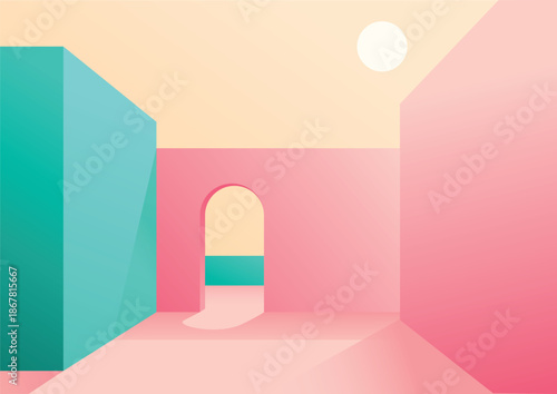 Abstract geometric interior space with pastel colors, arched doorway, and soft sunlight creating a surreal modern architectural scene.