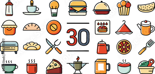 Culinary Collection: A vibrant array of precisely illustrated food and drink icons, a testament to culinary diversity. This design presents a delicious overview of various cuisines and tastes.