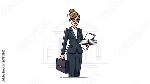 A professional woman in a business suit holding a briefcase and documents, standing in front of a courthouse illustration.