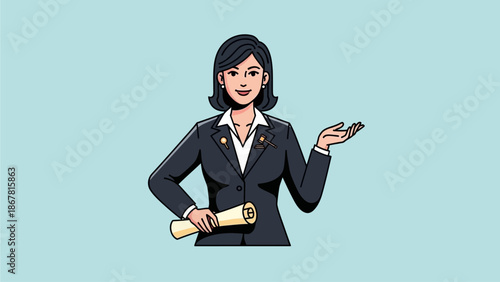 A professional woman in a suit holding a diploma and gesturing with her hand.