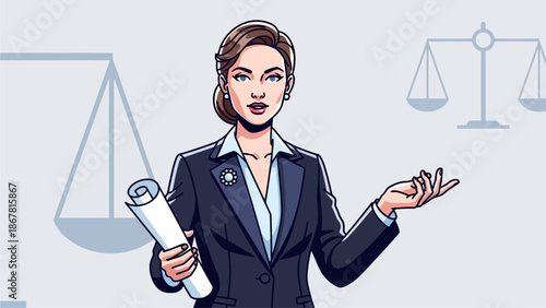 A confident female lawyer in a suit holding a scroll with scales of justice in the background.
