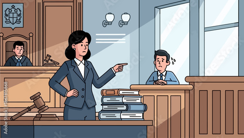 A female lawyer points accusingly at a nervous defendant in a courtroom during a legal trial, with a judge observing.