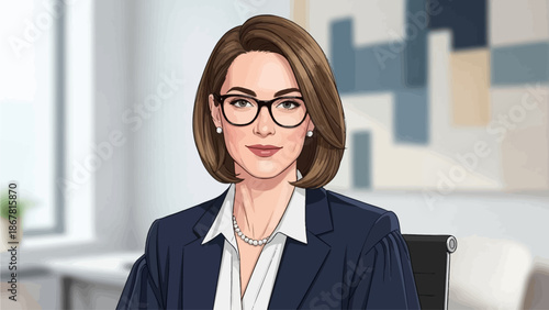 A professional woman with short brown hair and glasses wearing a suit and pearls sits in an office.