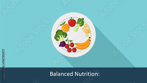 A plate filled with a variety of colorful fruits and vegetables, illustrating the concept of balanced nutrition.