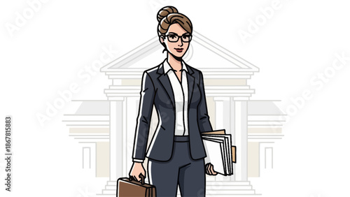A professional woman in a suit carrying a briefcase and files in front of a courthouse.