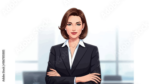 A professional businesswoman in a dark suit stands with her arms crossed in an office setting.