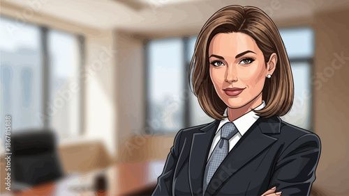 A professional businesswoman in a suit stands confidently in a modern office setting with her arms crossed.