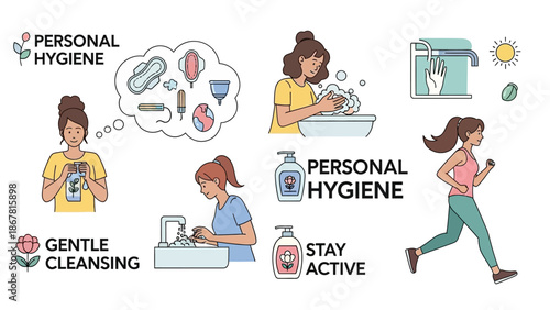 Illustration depicting various aspects of personal hygiene and healthy lifestyle choices, including menstrual care, handwashing, and exercise.