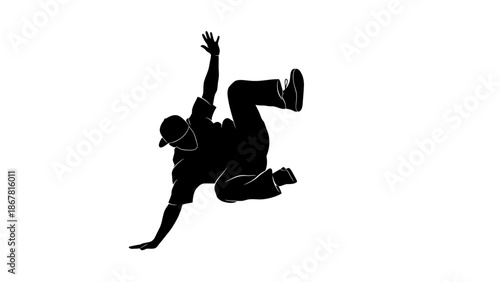 A black silhouette of a person breakdancing in a dynamic pose, performing a freeze or power move on a white background.