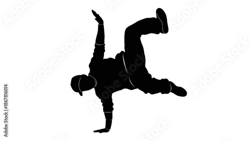 A black silhouette of a breakdancer performing a dynamic freeze move on a white background.