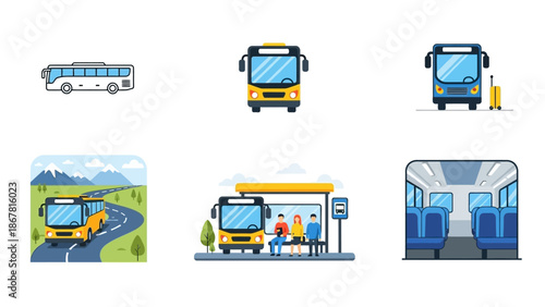 Collection of illustrations depicting various aspects of bus transportation, including different bus models, a bus stop scene, and the interior of a bus.