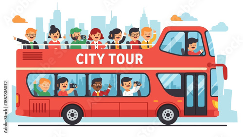 A vibrant illustration of a red double-decker city tour bus filled with happy tourists taking photos against a cityscape backdrop.