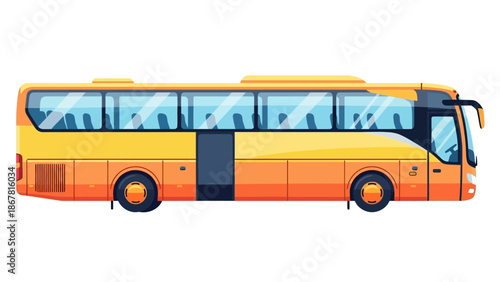 A bright yellow and orange intercity bus with tinted windows and a sliding door, viewed from the side.