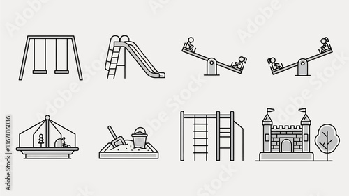 A collection of line art illustrations depicting various playground equipment and activities for children.