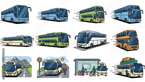 Collection of diverse bus illustrations, showcasing various types and scenarios of public and private transportation.