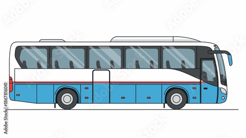 A detailed illustration of a modern blue and white passenger bus with tinted windows, parked on a white background.