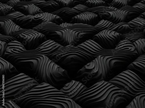 Abstract black 3d pattern with wavy lines and intricate texture creating a dark background. Abstract black waves