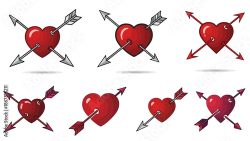 A collection of six stylized red heart illustrations, each pierced by one or two arrows, depicting themes of love, romance, and emotional connection.