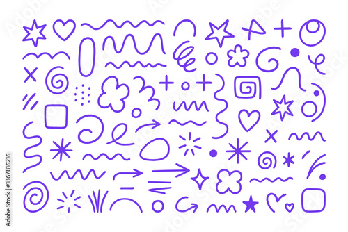 Hand Drawn Abstract Doodle Shapes Collection with Playful Lines, Arrows, Stars, Hearts and Decorative Elements for Modern Creative Design
