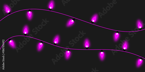 Pink Magenta Christmas String Lights on Dark Grey Background, Glowing Wavy Fairy Lights for Night Party and Holiday Decoration