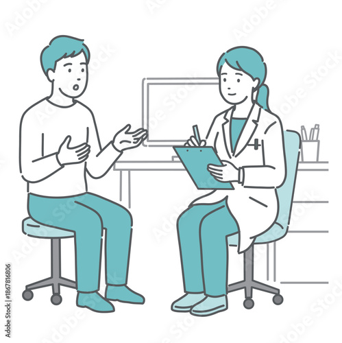 問診をする女性医師と患者（白衣・診察室）