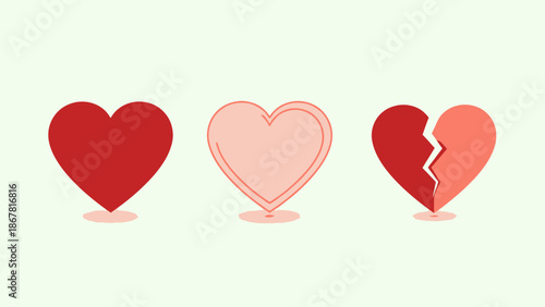Three heart icons representing love, affection, and heartbreak, with solid, outlined, and broken designs on a light background.