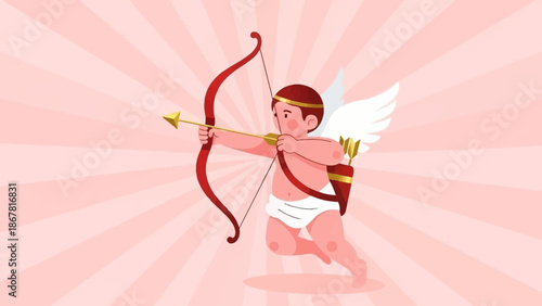 A cute cartoon Cupid character with wings aiming a bow and arrow, set against a pink radial background, symbolizing love and Valentine's Day.