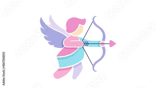 A cute, stylized illustration of Cupid with wings, holding a bow and heart-tipped arrow, in pink, blue, and purple colors, on a white background.