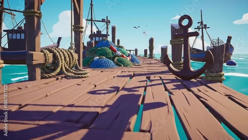 Stylized Sea of Thieves Dock Scene in Cartoon Style.
