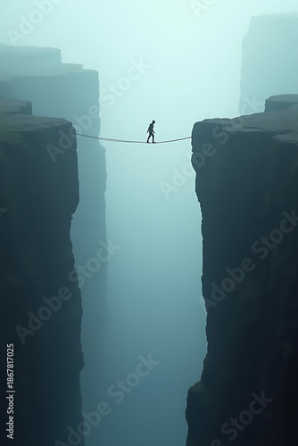high stakes balancing act, tightrope walker, deep chasm, misty atmosphere, dramatic landscape, daring feat, silhouette figure, precarious journey, vast gap between cliffs, foggy abyss, courage, risk-t