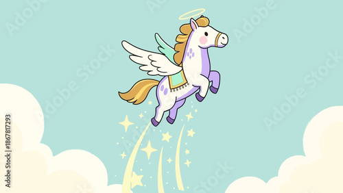 Cute cartoon pegasus with a halo and golden mane flying upwards in a light blue sky with sparkling star trails and fluffy white clouds.