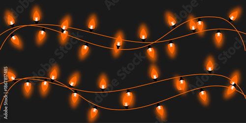 Multiple Strands of Glowing Orange Christmas Lights on Black Background, Festive Party Garland Vector for Holiday Decor
