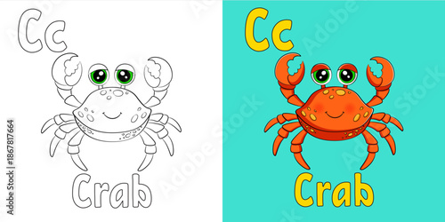 Animal Alphabet Letter C – Crab. Cute ABC Educational Illustration for Kids, Printable Vector