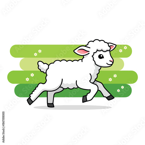 Cheerful young lamb running and playing happily in a green meadow cartoon illustration