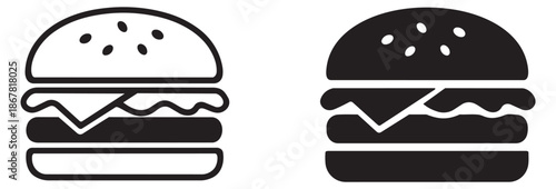 Line art and silhouette hamburger icon set featuring outline and solid style versions for restaurant menus and fast food apps