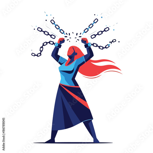 Powerful illustration of a determined woman breaking free from chains, symbolizing liberation and strength.