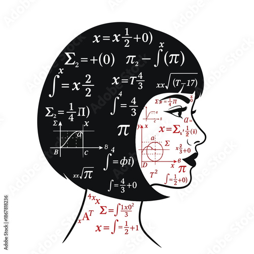 Vector illustration of a female profile silhouette brainstorming complex mathematical problems and scientific concepts