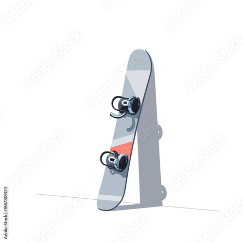 Modern Snowboard with Bindings Leaning Against a Wall, Ready for Winter Sports Activities, Flat Graphic Illustration