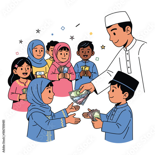 Happy children receiving money from an adult during a cultural celebration illustration