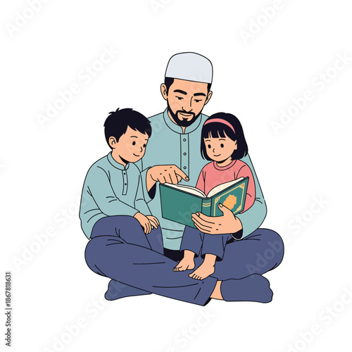 Father and children reading a religious book, fostering learning and bonding