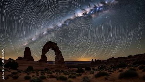 star trails over utah desert landscape.