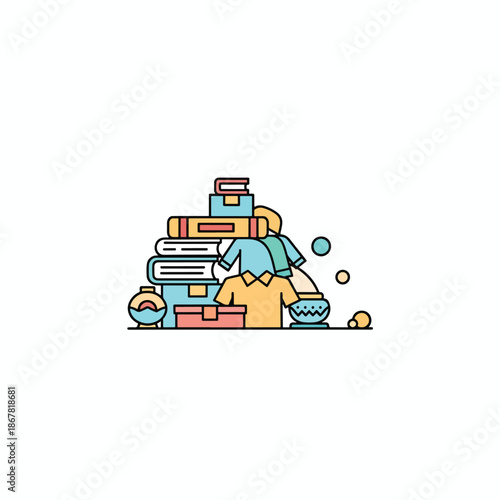 Flat illustration of stacked personal belongings, books, and clothes for organization
