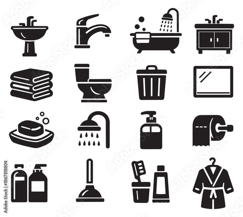 Glyph style bathroom and hygiene icons set featuring fixtures, accessories, and personal care products for household and sanitation concepts
