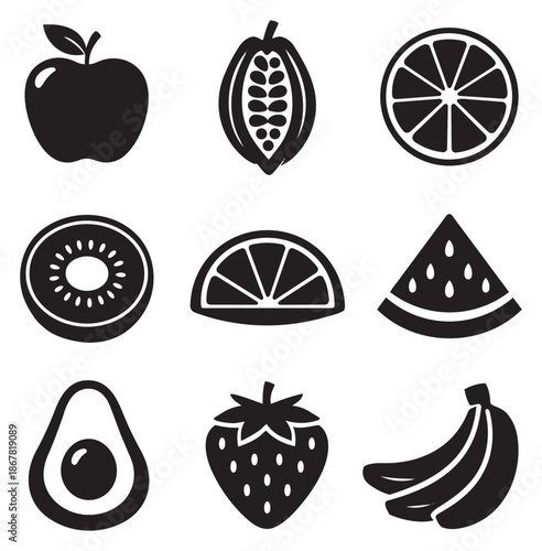 Minimalist fruit icon set featuring an apple, cocoa pod, orange, kiwi slice, watermelon slice, avocado, strawberry, and bananas for healthy eating and nutrition designs