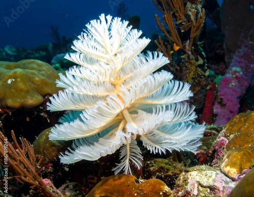 A close-up shot of a white underwater plume with feathery structures, surrounded by coral and rocks