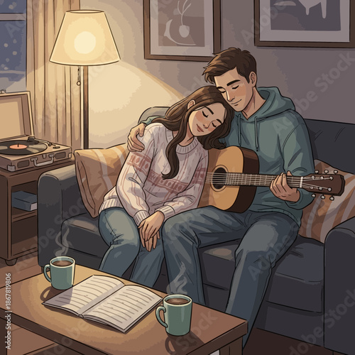 Cozy Couple Playing Guitar and Singing Together on Sofa, Romantic Evening