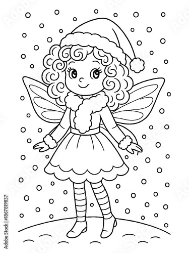 Winter Fairy's Charm: A charming winter fairy, adorned with delicate wings, a warm hat, and cozy attire, joyfully dances amidst falling snowflakes, embodying the enchantment of the season.
